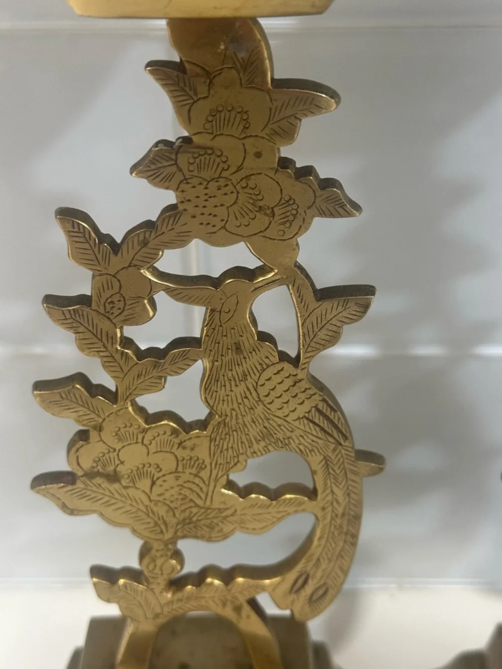 Brass Bird & Floral Candlestick Pair - Gold Decorative Home Accents